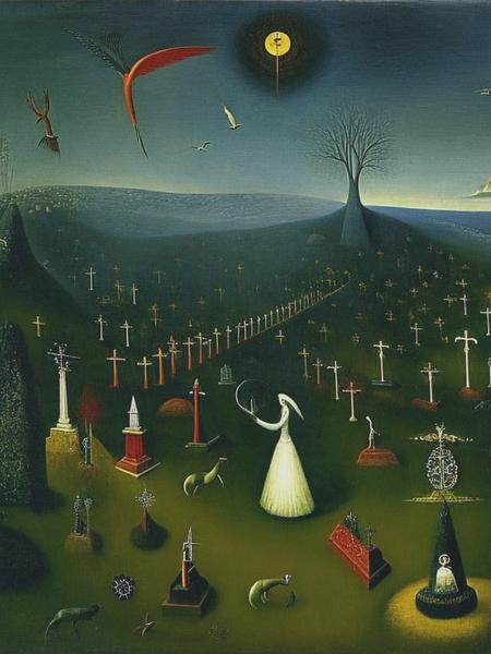 <lyco:LeonoraCarrington:1.0> cemetery terrified man, hunting painted by Leonora Carrington