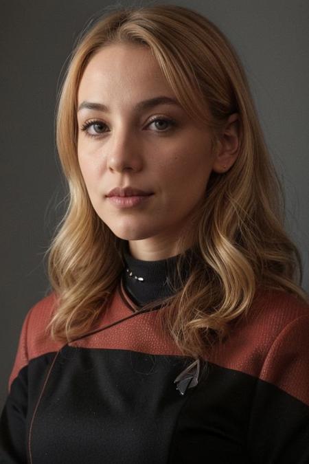 1girl, caucasian, beautiful, 25yo, light red Hair, (close up:1.4), ((headshot)),  blue pcdst uniform, long sleeves, blurry background<lora:STPicardUniforms:0.8>