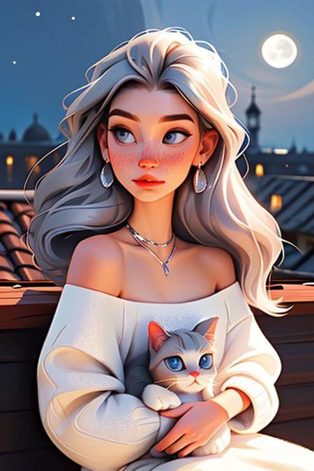 sam yang, 1girl, back, bare shoulders, blue eyes, brown hair, earrings, freckles, jewelry, lips, long hair, looking at cat, looking back at viewer, necklace, off shoulder, parted lips, portrait, day, depth of field, solo , (("masterpiece, Moonlit Serenade": A girl with silver hair sits on a rooftop, cradling a sleek ginger cat. The moon illuminates their faces as they share a secret melody.)) <lora:sam_yang_offset:1>