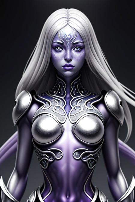 <lora:Ambre_Vourvahis_XL:1> ambre_vourvahis_xl, Full body phot. 1Girl. Surreal photo of beautiful ethereal alien otherworldly being with segmented silver metallic skin with intricate patterns, bright eyes, and intricate clothing patterns. Soft pure face. Perfect eyes, highly detailed beautiful expressive eyes, detailed eyes. Cleavage. Solid metal hair. (Background is of an blue and purple alien landscape. Silver pools of liquid, floating glowing orbs:1.2). Curved landscape, cyclical patterns. Panoramic National Geographic photo. 35mm photograph, film, bokeh, professional, 4k, highly detailed dynamic lighting, photorealistic, raw, rich, intricate details.