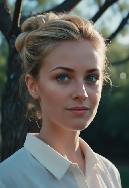 hyperrealistic shot of a 1girl, solo, updo, female focus, mature female, tree,  blonde hair, hazel blue eyes,  makeup, outdoors, upper body, oval face, american heritage,  collared shirt, white shirt, medium breasts, mini smile, straight on, sky, day, high budget, cinemascope, moody, epic, OverallDetail, gorgeous, 2000s vintage RAW photo, photorealistic, candid camera, color graded cinematic, eye catchlights, atmospheric lighting, skin pores, imperfections, natural, shallow dof