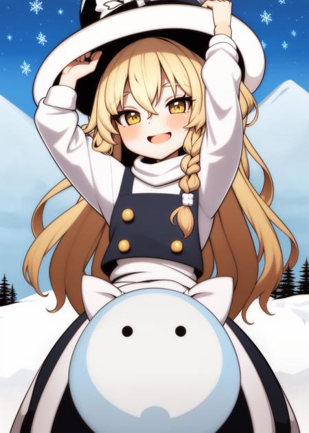 best quality, highly detailed, 1girl, solo, cowboy shot, (kirisame marisa:1.2), smile, arms up, snow valley, field, frozen trees, mountains, snowman <lyco:bori_v2-000015:1>