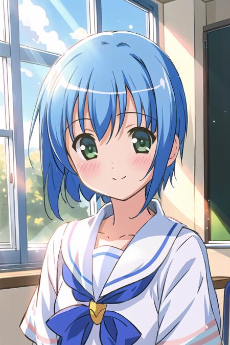 <lora:manabe_rika_v7-000004:0.8>, masterpiece, best quality, manabe_rika, 1girl, magical_girl, school_uniform, looking at viewer, solo, indoors, blush, upper_body, classroom, sunlight, windows