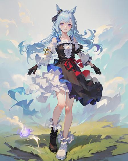 SFW, (grassland), outdoors
mejiro_ardan_SF, 1girl, (solo), horse_ear, horse_tail,light smile, full body
(long hair), (light_blue_hair), purple_eyes, hair ornament, collarbone, (black and whtie frilled dress), center frills, hemline, (uneven sleeves:1.2),detached sleeves, puffy sleeves, [short sleeves:long sleeves:0.2], (uneven gloves:1.2), (one hand wears black glove and the other one wears white glove),  (uneven_boots:1.2), (ankle boots), (uneven legwear:1.2)