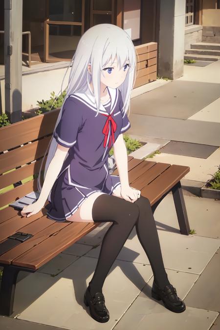 (extremely detailed CG unity 8k wallpaper), (masterpiece), (best quality), (ultra-detailed), (best illustration), (best shadow), (absurdres), 1girl, solo,   <lora:masuzu-11:0.7>,Masuzu, 1girl, solo, thighhighs, long hair, school uniform, skirt, sitting, bench, black thighhighs, blue eyes, zettai ryouiki, white hair