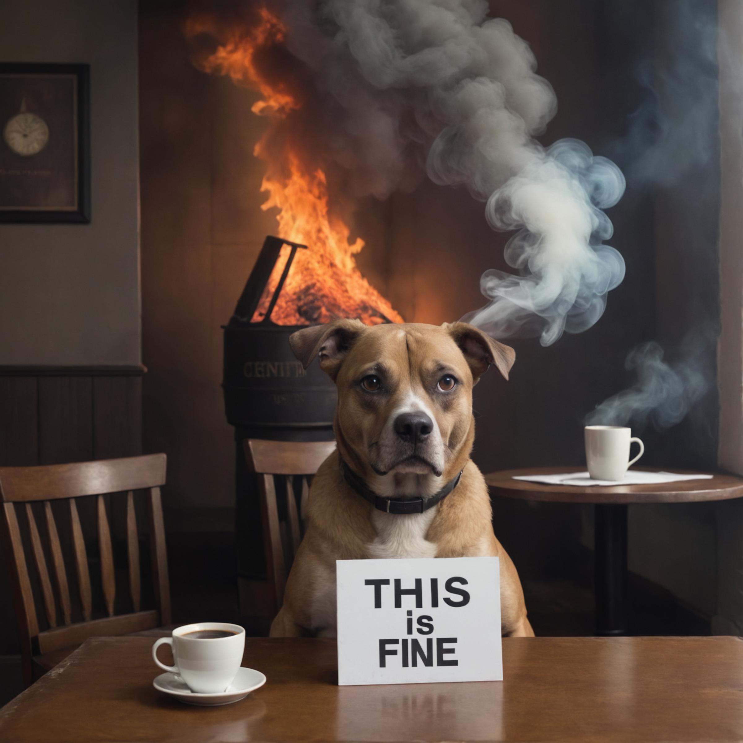 A dog sitting at a table with a sign that says "This is fine" in front of a fire in the background.