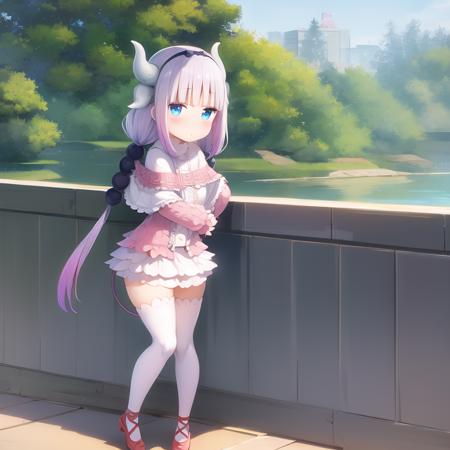 1girl, kanna, blue_eyes, solo, dragon_horns, dragon_girl, full body, kannakamui, long hair, twintails, hair ornament, hairband, low twintails, looking at viewer, tail, hair beads, thighhighs, beads, white thighhighs, capelet, bangs, blush, detailed background,