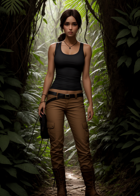 character: 1girl, woman, solo, Lara, cowboy_shot, short ponytail, brown hair, BREAK, clothing: black tank top, khakis, boot, BREAK, location: deep jungle <lora:LaraCroft-05:1><lora:LaraCroft-05:1>