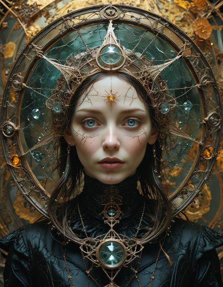 ([by Sybil Andrews and by Harry Clarke|by Vanessa Bell and by Olafur Eliasson]:1.5), extraterrene, apocalyptic, livid, nanotube, angry, crystal, bionic, content, ornate, pentacle
