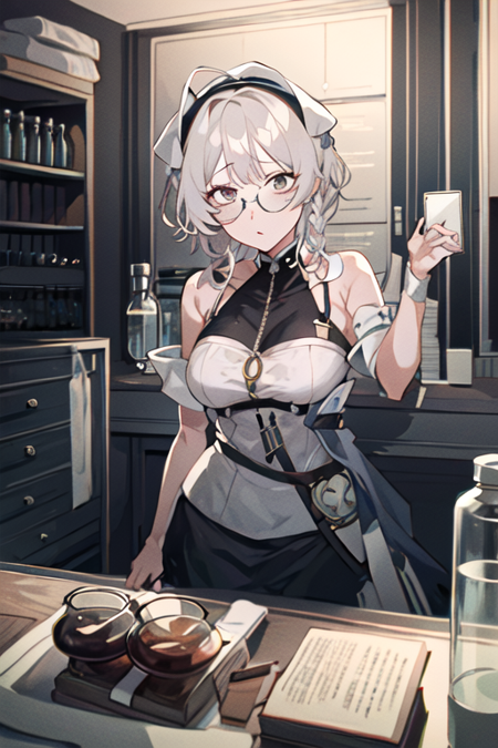 1 girl, solo, alchemist, medium breast, short hair, hair braid, grey hair, bangs, alchemist clothes, white eyes,focused, laboratory glasses, alchemy table, test tubes on the table, alembic, BREAK, old medical office background, full shelves in background, foggy background, kuroume_1024