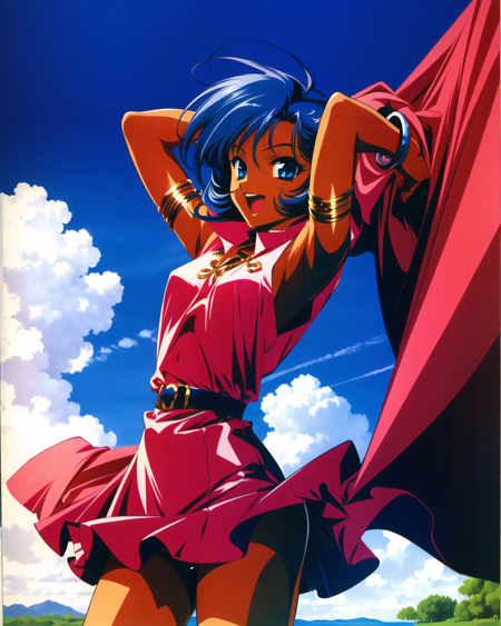 yuuki nobuteru, 1990s \(style\), 1girl, armlet, arms up, blanket, blue eyes, blue hair, cowboy shot, dark-skinned female, dark skin, day, miniskirt, nature, open mouth, outdoors, retro artstyle, short hair, skirt, sleeveless, solo, water,  ((masterpiece)) <lora:yuuki_nobuteru_offset:1>