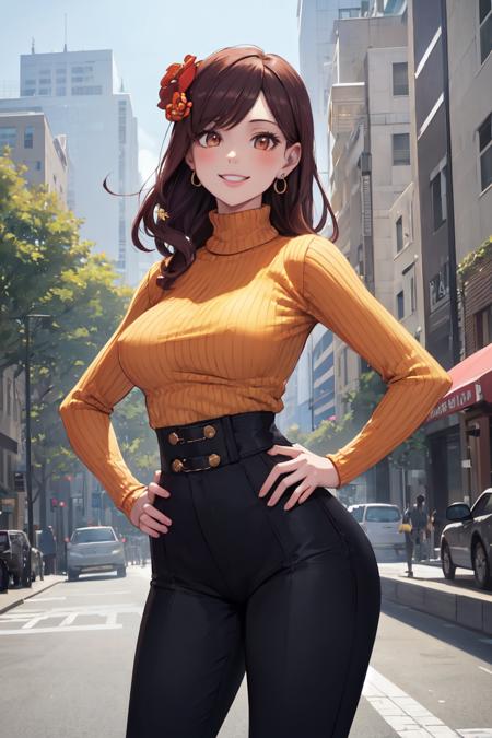 masterpiece, best quality, absurdres, perfect anatomy, 1girl, solo, MaryHunt, hair flower, earrings, sweater, ribbed sweater, long sleeves, high-waist pants, outdoors, city, hands on hips, smile, <lora:MaryHunt:0.8>