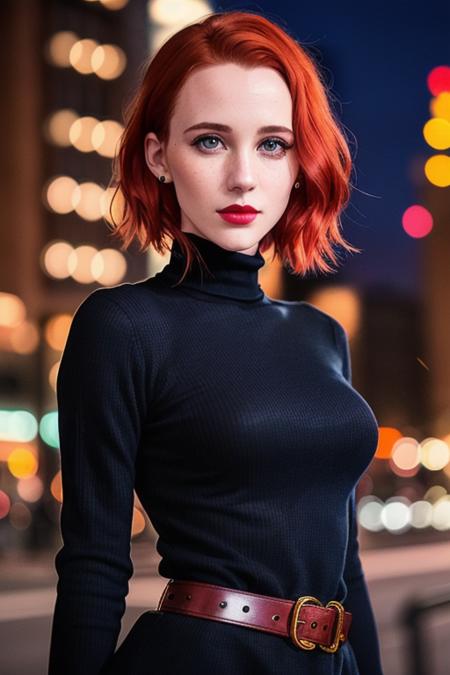 photo of rachelbro:0.99, a woman with ((short hair)),((pale skin, red hair)), ((cowboy shot, waist, hips, thighs):1.2), ((turtleneck sweater dress):1.2),((walking,outdoors, city street, at night):1.2),((detailed face, beautiful face, detailed eyes, beautiful eyes):1.1), ((lipstick, eyeliner, eye shadow):1.2),((best quality, masterpiece, extreme details):1.2) ((detailed eyes, detailed face):1.2)