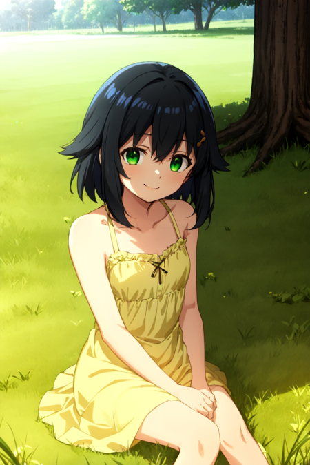 1girl, solo, hair flaps, black hair, green eyes, sitting, sundress, smile, looking at viewer, outdoors, grass, field, tree, <lyco:ufotable_loha:0.4>, ufotable, anime screencap, <lora:Hair_Flaps-000006:1.0>