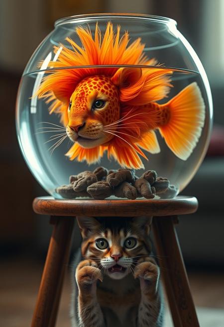 "Create a photorealistic image of a miniature lion with a majestic mane, but with the body of a vibrant orange fish, complete with scales and fins, swimming in a glass fishbowl. The lionfish's whiskers and nose are still intact, and its eyes gleam with a fierce inner light. Below the stand, a domestic cat peeks out from the shadows, its top half visible as it cautiously observes the lionfish. The cat's eyes are wide with a mix of fear and fascination. The cat's mouth is agape as if it is in utter shock and it's paws are holding the sides of it's face as if it can't believe what it saw. The fishbowl is placed on a worn, wooden stand, with subtle textures and reflections adding depth to the scene. The background is a warm, cozy room with soft lighting, highlighting the surreal and fantastical nature of the lionfish." Octane render, Highest-Quality, 8 k, intricate details, visually stunning, Masterpiece