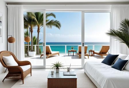 white bedroom, sliding doors, coast, evening, beach, palms trees, coffee table, laptop, wicker chairs, wind chimes, masterpiece, best quality, absurdres, very aesthetic