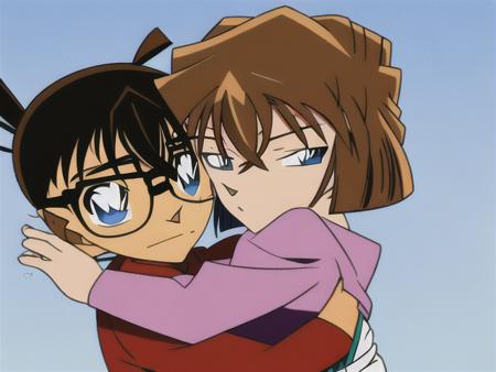 <conanAndhaibara>, 1girl, 1boy, blue eyes, brown hair, glasses, hug, black-framed eyewear