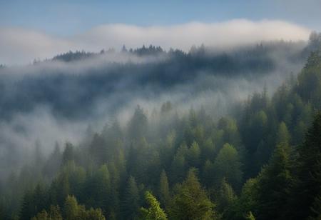 masterpiece, photorealistic, pacific northwest, rainforest, misty, hills, dense trees, blue sky, wispy clouds, serene, peaceful, uninhabited