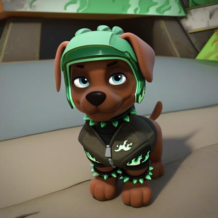Score_9_up, Score_8_up, Score_7_up, Solo, 1boy, Male bullmastiff dog, brown fur, dark brown circles around eyes, light blue eyes, black nose, olive green zipped-up vest, broken bone logo, black undershirt with light green and white flames, black bracelets with green spikes around front paws, black collar with green spikes, dark green helmet with light green flames, looking at viewer, naughty smile, stunt show background, outdoors