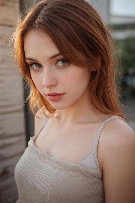 25 yo girl, red head, close-up, girl next door, cute, innocent, looking at viewer, messy hair, waist up