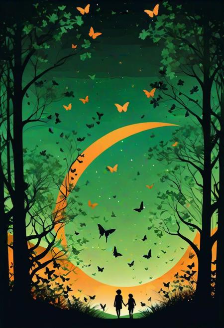 High contrast silhouette vector art, (Noir art style:1.3), Green and orange color scheme, (Moonlit night:1.2), Sweeping light rays forming a floral pattern, (Butterflies in flight:1.2), Kids playing innocently in the distance, (Enchanting scene:1.2), Atmospheric depth, Mysterious ambiance.