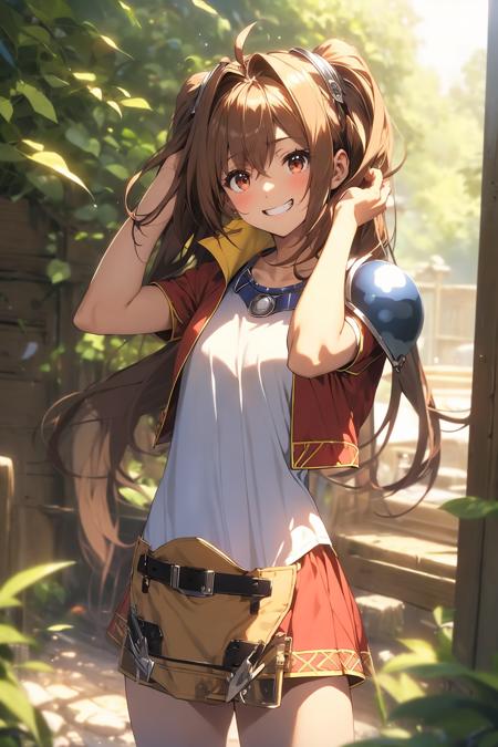 masterpiece, best quality, fcEstelle, red jacket, blue shoulder pad, white shirt, red skirt, short shorts, cowboy shot, looking at viewer, grin, forest <lora:estelle-nvwls-v2-000009:0.9>