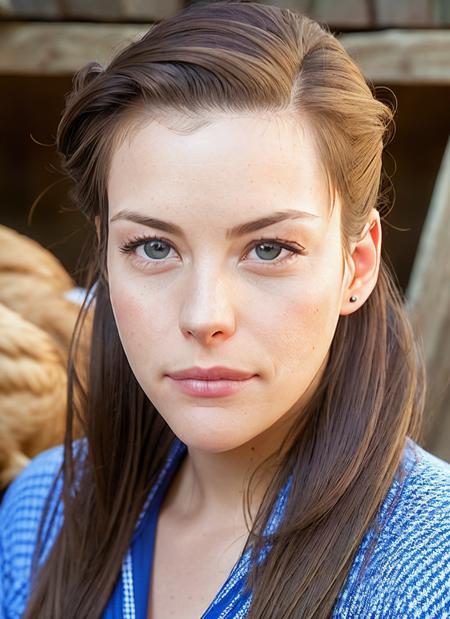 closeup portrait of skswoman, :< , wearing workwear , with ash brown Half-up, half-down hairstyle , background chicken coop epic (photo, studio lighting, hard light, sony a7, 50 mm, matte skin, pores, colors, hyperdetailed, hyperrealistic), <lyco:Liv TylerV2:1.1>