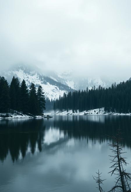 a mountain landscape, a forest of fir trees to mountain flan, a lake in the foreground, trees reflected in the water of the lake, snowy mountain in background, foggy and snowy landscape, dark and cold atmosphere, contrast shading