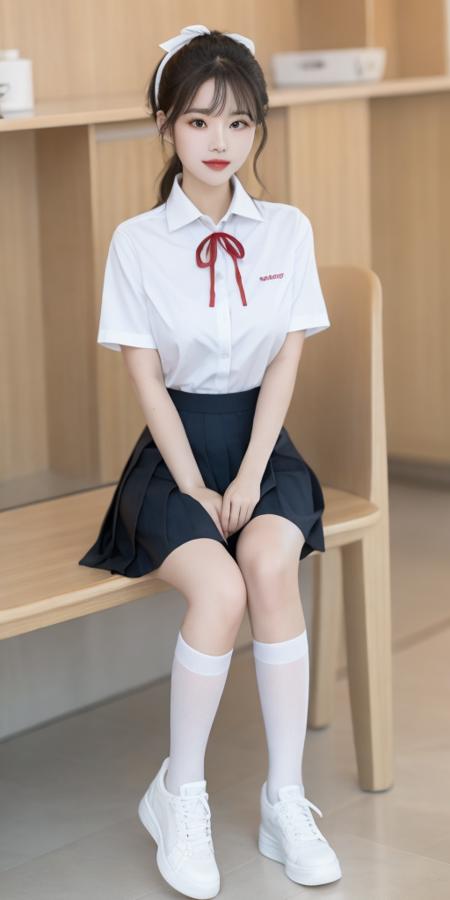 1girl,solo,perfect face,look at viewer,sitting,
large breasts,school uniform,collared shirt,white shirt,short sleeves,neck ribbon,red ribbon,black skirt,pleated skirt,shirt tucked in,white socks,white footwear,sneakers,
masterpiece,best quality,highly detailed,