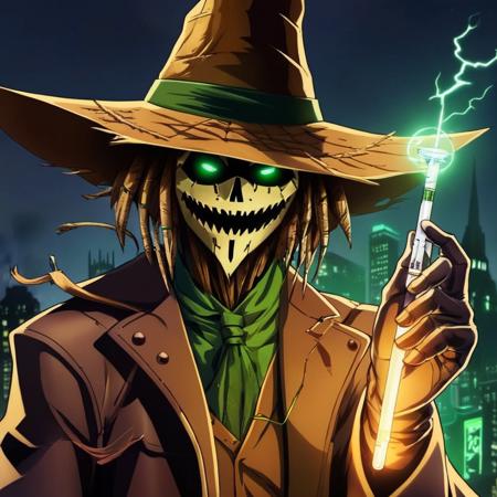 anime artwork of  <lora:Scarecrow:1.2>
Scarecrow a man with a hat and a five perfect syringe fingers in his hand in Gotham city universe, anime style, key visual, vibrant, studio anime,  highly detailed