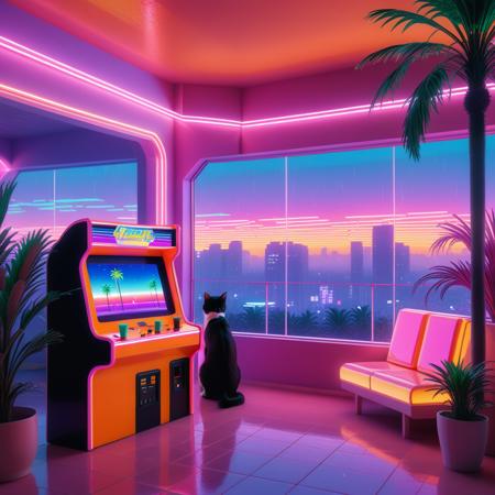 Retro arcade style vaporwave-inspired city avant garde penthouse apartment, at dawn, glowing with deep orange and pinkish colors, and soft lavender neon, a cat in stylish dynamic pose relaxing in retro booths sipping pastel-colored drinks, warm ambient lighting from neon menus and palm tree projections on glass walls, gentle rain outside and smooth lo-fi music vibes inside, digital plants pulsing with color, a dreamy blend of future tech and cozy nightlife,   <lora:World_of_Glass_Filament:0.9> w0gf1l, neon . 8-bit, pixelated, vibrant, classic video game, old school gaming, reminiscent of 80s and 90s arcade games