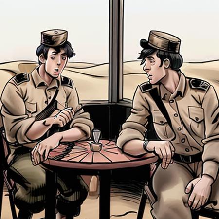 a cratoon of two French foreign legion private soldiers man playing cards sitting at a table, the desert in the background