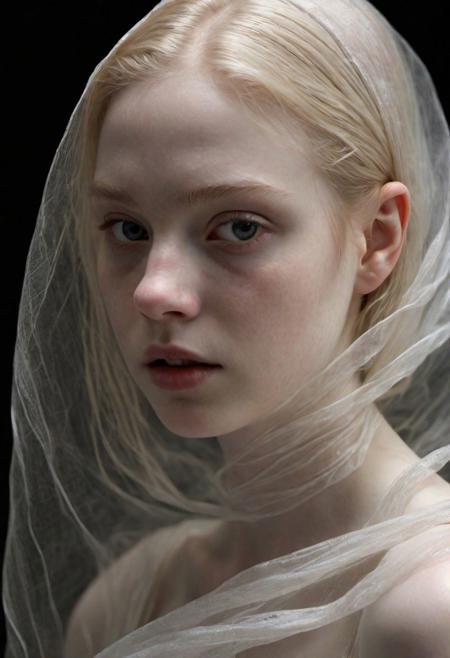 Ephemeral beauty wearing a slight gossamer wrap, 18yo 1girl, masterpiece Photorealistic, hyperrealistic, extremely fine details, goosebumps, very pale skin, very pale hair intricately styled, chiaroscuro,