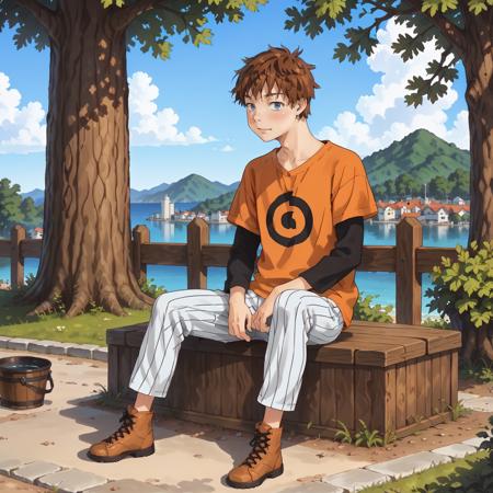 kazuyakinoshita,1boy,brown hair,short hair,blue eyes, t-shirt,orange shirt,short over long sleeves,black sleeves, pinstripe pants, realistic,