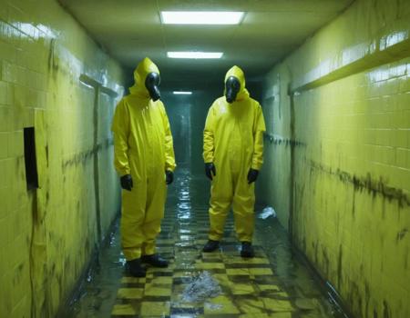 two humans meets strange horror creature, humans wearing yellow hazmat suit and gazmask pictured in weirdcore aesthetic style, liminal space underground with slides and flooded and tiles on the walls, weird, distorted <lora:weirdcore_v3-000002:1>