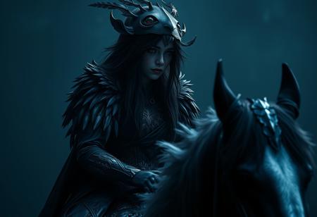 A close-up of a person on a horse, necromancer sorceress, lord of change, gradient shading, with a black and blue scheme. Consider a feathered mouse cavalry, heroengine, dark enclosed environment. The scene features a dark artslab coat, metallic shield, and the Amber Pitfall. Create a digital art piece using the Unreal Engine. Apply a cinematic lighting, with the heroengine. Use a face enhance, and a golden ratio for composition. Ensure the image has a resolution of H 704.