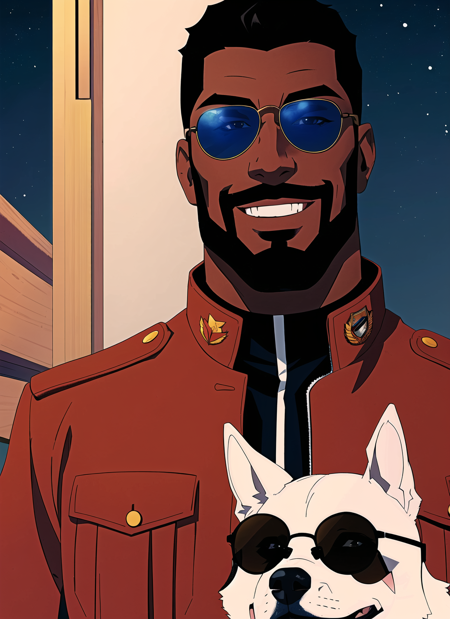 1boy, male focus, military tags, gloves, dog,  jacket, dark-skinned male, dark skin, facial hair, night, beard, smile, sunglasses, portrait, ((masterpiece))