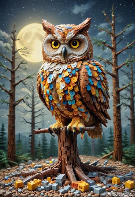 LEGO, detailed LEGO owl perched on a branch made of stacked brown bricks, glowing yellow LEGO eyes, pixelated moon in the background, surrounded by geometric LEGO trees and low-poly clouds, SDXL, whimsical and textured, nighttime toy diorama