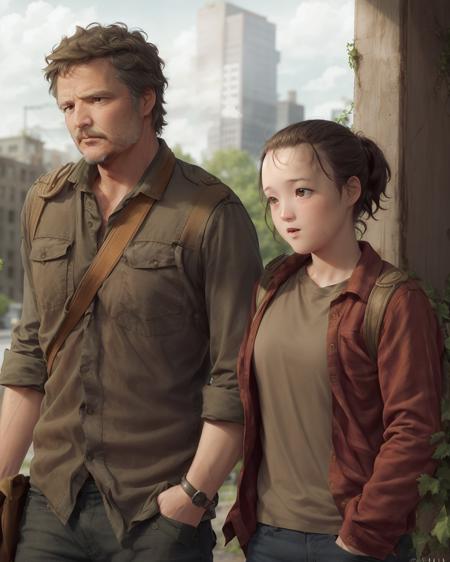 TheLastOfUs <lora:TheLastOfUs-000001:1> a joel man and a girl ellie