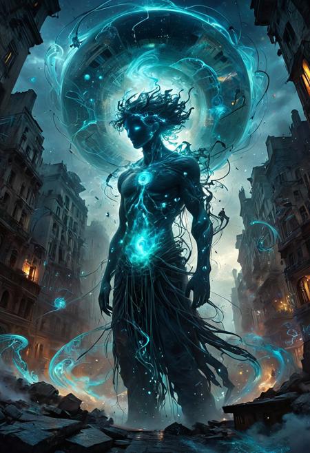 A finely rendered graffitipunk digital watercolor depicts a foreboding figure suspended between dimensions, their form constructed from fluid cosmic strands. Their head is adorned with a nimbus of shattered, glowing stars, and their body undulates with dark energy that surges through the atmosphere like tremors of fear. In one hand, they wield a staff that manipulates reality, distorting time and space in capricious manners. The backdrop is a crumbling cityscape, adorned with ever-changing graffiti that embodies various realities. The figure's presence fractures the very air, generating portals to mystical dimensions, where primordial horrors slumber, anticipating their release.