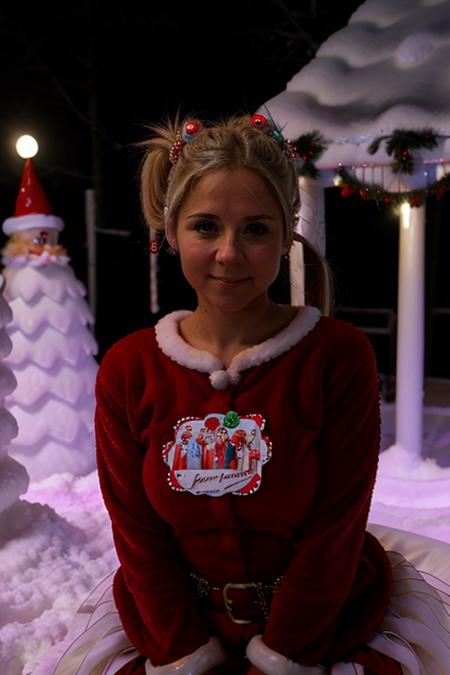 mrs santa claus, santas grotto, north pole, elves, snowmen, candy canes, snow, icicles,  <lora:Sarah_Jane_Honeywell:1> masterpiece, best quality, detailed face, 1girl, solo, a young sj1873h, blonde_hair pony tail