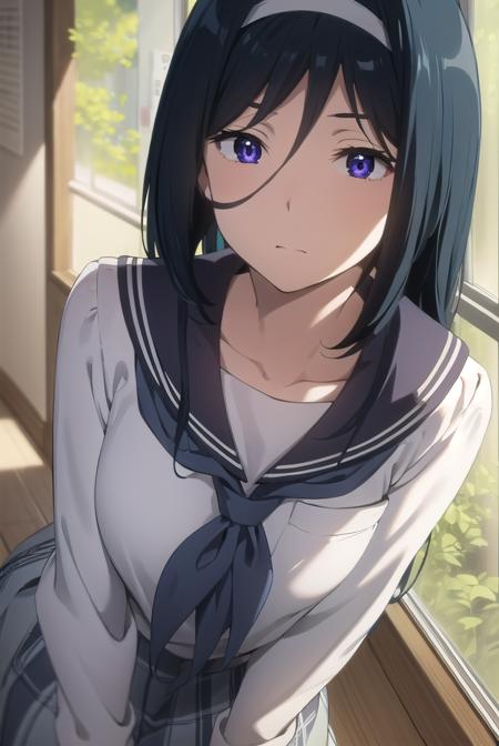 fuyumiirisu, <lora:fuyumi irisu s1-lora-nochekaiser:1>,
fuyumi irisu, long hair, (purple eyes:1.1), black hair, hair between eyes, hairband,
BREAK skirt, school uniform, serafuku, kamiyama high school uniform \(hyouka\), black skirt, long sleeves, black sailor collar,
BREAK indoors, classroom,
BREAK looking at viewer, (cowboy shot:1.5),
BREAK <lyco:GoodHands-beta2:1>, (masterpiece:1.2), best quality, high resolution, unity 8k wallpaper, (illustration:0.8), (beautiful detailed eyes:1.6), extremely detailed face, perfect lighting, extremely detailed CG, (perfect hands, perfect anatomy),