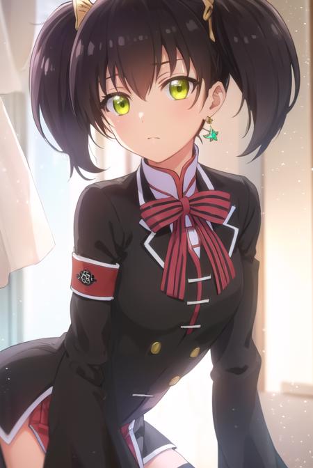 kochouwang, <lora:kochou wang s1-lora-nochekaiser:1>,
kochou wang, short hair, black hair, twintails, (green eyes:1.3),
BREAK thighhighs, long sleeves, dress, bow, ribbon, jewelry, earrings, black thighhighs, sleeves past wrists, chinese clothes, armband, sleeves past fingers,
BREAK indoors, classroom,
BREAK looking at viewer, (cowboy shot:1.5),
BREAK <lyco:GoodHands-beta2:1>, (masterpiece:1.2), best quality, high resolution, unity 8k wallpaper, (illustration:0.8), (beautiful detailed eyes:1.6), extremely detailed face, perfect lighting, extremely detailed CG, (perfect hands, perfect anatomy),