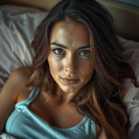 a 32 year old female with long, brunette, wavy hair, gazing directly at the camera. she us laying in a bed, dressed in a light blue tank top with a subtle pattern. The soft, natural lighting enhances their features, creating a warm and inviting atmosphere. The background is softly blurred, drawing attention to the subject's expressive eyes and serene expression, suggesting a relaxed moment in a cozy setting, realistic photo, hyperrealistic, hyper realistic, photorealistic, photo realistic, cinematic shot, dynamic lighting, 75mm, Technicolor, Panavision, cinemascope, sharp focus, fine details, 8k, HDR, realism, realistic, key visual, film still, cinematic color grading , cinematic shot, dynamic lighting, 75mm, Technicolor, Panavision, cinemascope, sharp focus, fine details, 8k, HDR, realism, realistic, key visual, film still, cinematic color grading, depth of field