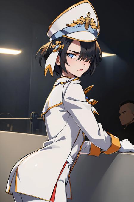 (masterpiece, best quality:1.2), solo, 1girl, htarchangel, looking back, hair over one eye, military hat, military uniform, white gloves, white pants <lora:helltaker_archangel:1.0>