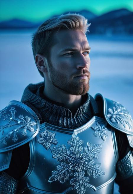 instagram photo, front view, portrait photo of a 30 y.o scandinavian man, fantasy, male knight, wearing armor of ice with snowflake pattern, handsome face, cinematic shot, serene arctic background, aurora borealis