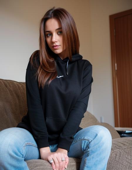 <lora:nextdoornikki:0.7>,8k, RAW photo, portrait, best quality, ultra high res, photorealistic, 1girl,, dim light, soft lightning, sitting on a sofa,  jeans, black shirt, black hoodie,