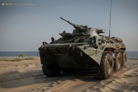 black eight wheeler (BTR-80, <lora:btr80:1>), racing down the sand beach,  shooting, day time, High Detail, Sharp focus, ((photorealism)), realistic, best quality, 8k, side view, sun in the sky
