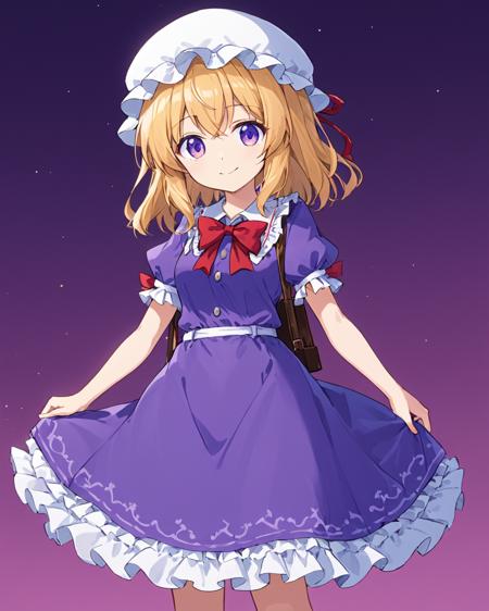 maribel hearn,1girl, solo, purple_dress, smile, holding_bag, white_headwear, red_ribbon, red_bowtie, closed_mouth, looking_at_viewer, mob_cap, puffy_short_sleeves, v_arms, frilled_dress, buttons, standing, white_bow, neck_ribbon, cowboy_shot, purple_background, one-hour_drawing_challenge
<lora:maribel_hearn_image1596_2023-12-20-000014:1>,star-shaped_pupils,symbol-shaped_pupils,. gorgeous,key visual, vibrant, studio anime,award-winning, professional, highly detailed,high budget, cinemascope