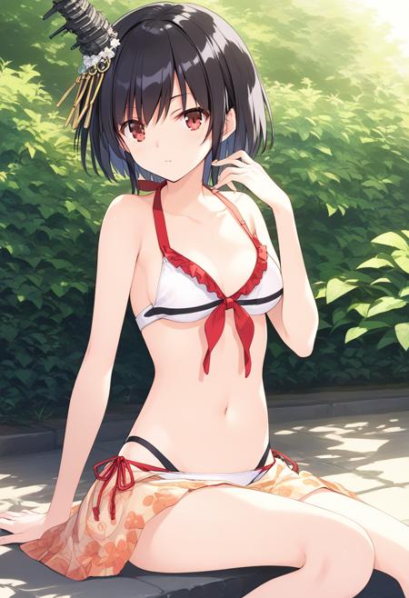 yamashiro-kc, short hair, black hair, headgear, red eyes, hair ornament yamashiro-n-kc, white shirt, bare shoulders, detached sleeves, black obi, red skirt, miniskirt, pleated skirt, white socks, sandals yamashiromizugi-kc, white bikini, salong,  bare arms, bare legs, bare shoulders, cleavage